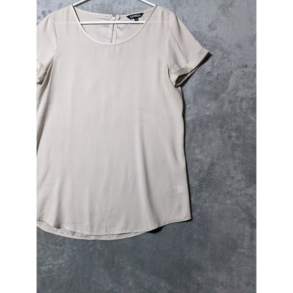 🍑EXPRESS Women Knit Tunic Solid Beige Round Neck Short Sleeve Zip Close M(8-10) - Picture 10 of 11